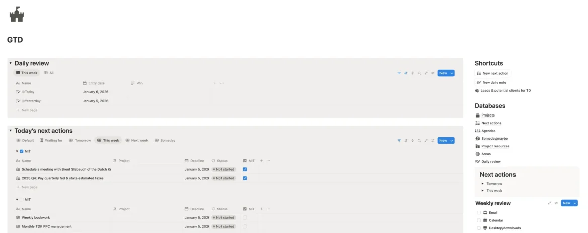 Notion GTD page in action